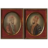 Pair of framed miniatures Indian depicting figures in regalia, in wooden frames 8cm x 6cm (not