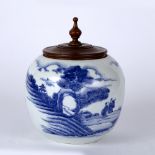 Blue and white porcelain jar and wood cover Chinese, early 20th Century painted with landscape scene