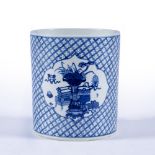 Blue and white porcelain brush pot Chinese, Qing decorated with scholar's objects in two reserved