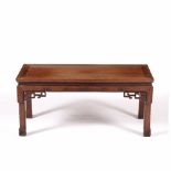 Hardwood Kang table Chinese with carved frieze, 102cm across, 46cm deep, 46cm high