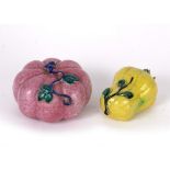 Two Canton porcelain weights Chinese, 19th Century one as a yellow hand of Buddha fruit 'finger