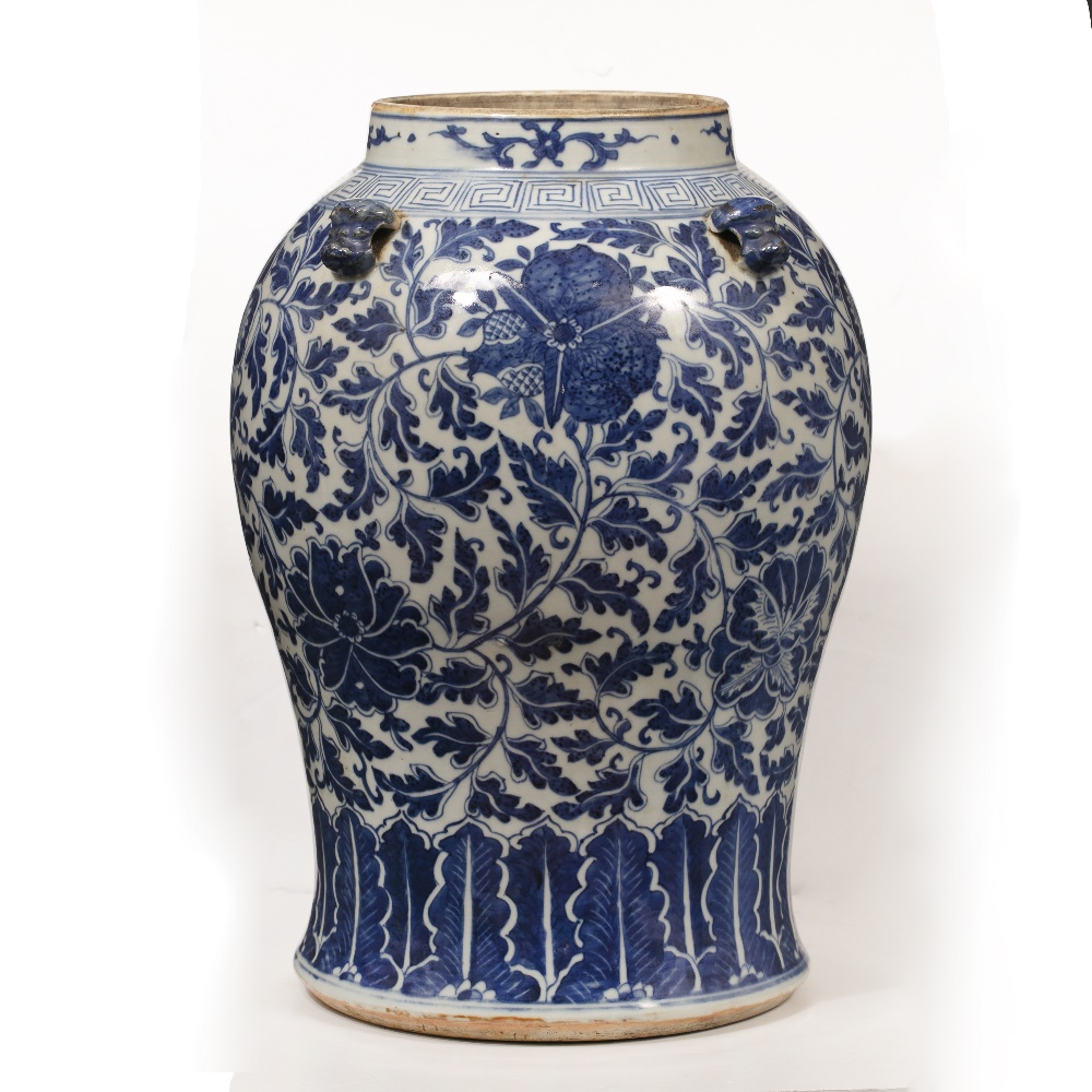 Blue and white vase Chinese, 19th Century decorated to the body in Indian lotus, with four lug - Image 3 of 6