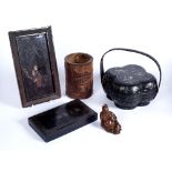 Collection of wood carvings 19th Century and later to include a bamboo carved brush pot depicting