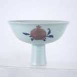 Porcelain stem cup Chinese painted with three symbolic peaches around the edge, six character