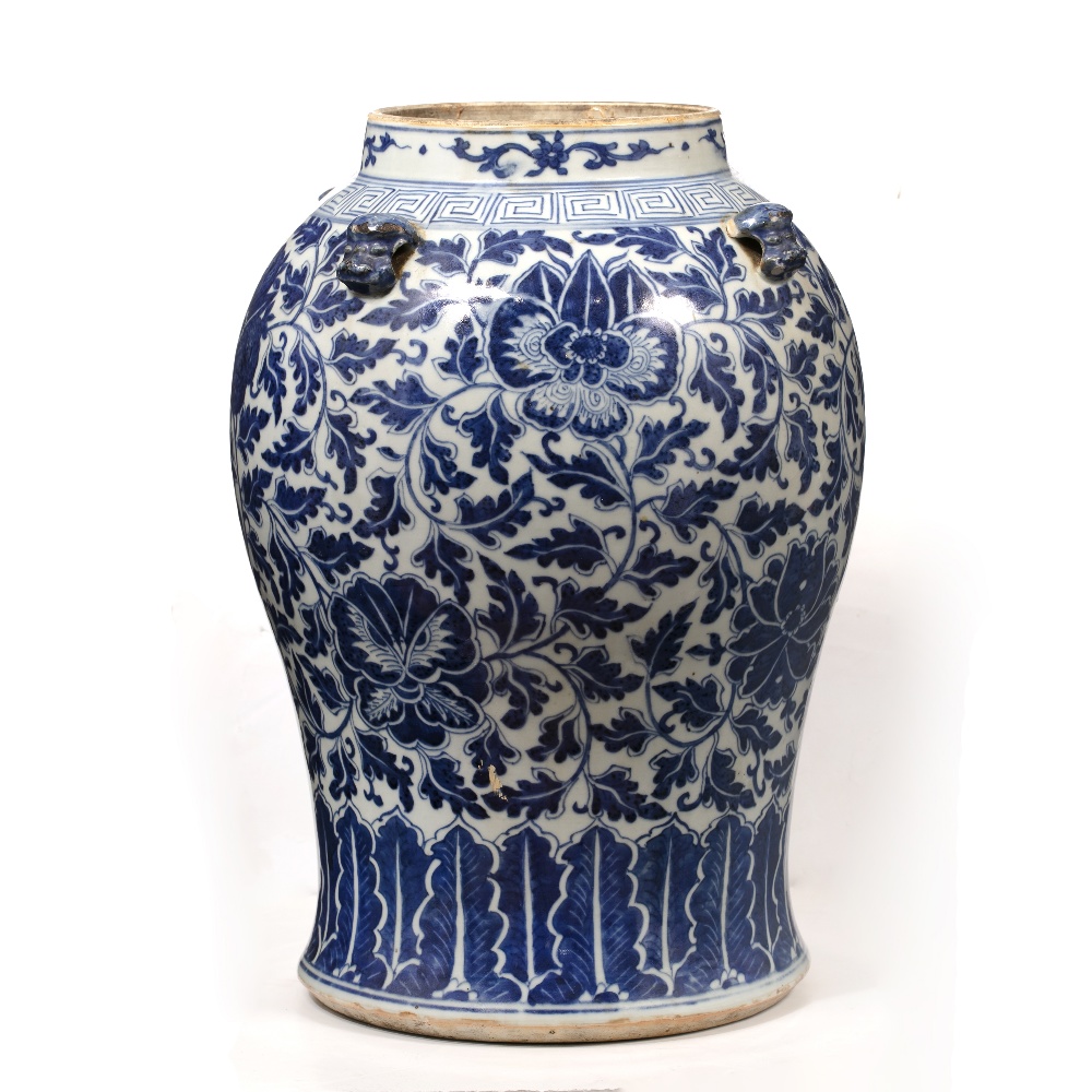 Blue and white vase Chinese, 19th Century decorated to the body in Indian lotus, with four lug - Image 2 of 6