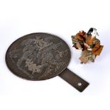 Bronze hand mirror Japanese, with two characters and a landscape scene with herons, 34.5cm high