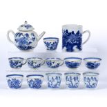 Group of blue and white porcelain Chinese to include six wine cups decorated in the willow