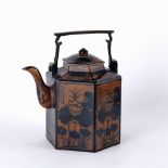 Large hexagonal teapot Chinese, 20th Century painted with monochrome foliage to each side panel