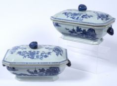 Pair of export lidded tureen and covers Chinese, 18th Century decorated to the sides depicting