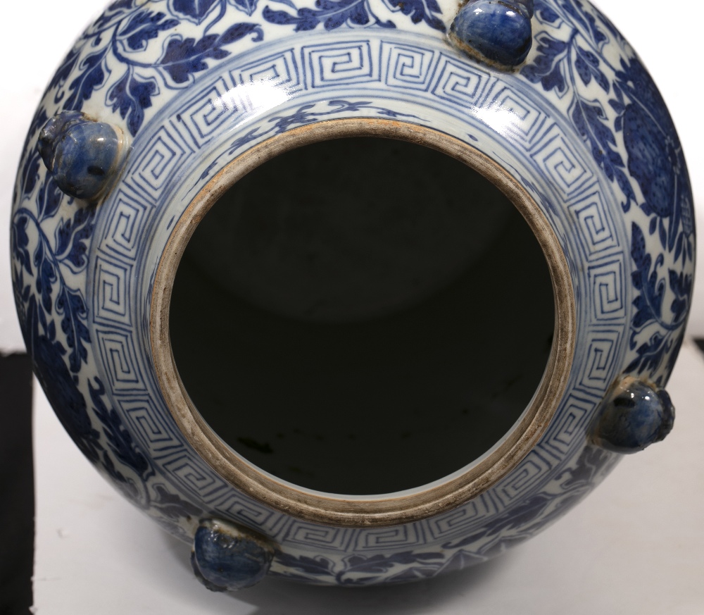 Blue and white vase Chinese, 19th Century decorated to the body in Indian lotus, with four lug - Image 6 of 6