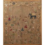 Silk embroidered panel Goa, Indian, 17th/18th Century the centre embroidered with figures sat