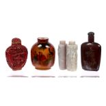 Four snuff bottles Chinese comprising a carved red lacquer example depicting a women on a pagoda,