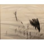 Study of a heron Japanese depicted standing on one leg in a river landscape, signed lower right,