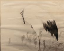 Study of a heron Japanese depicted standing on one leg in a river landscape, signed lower right,