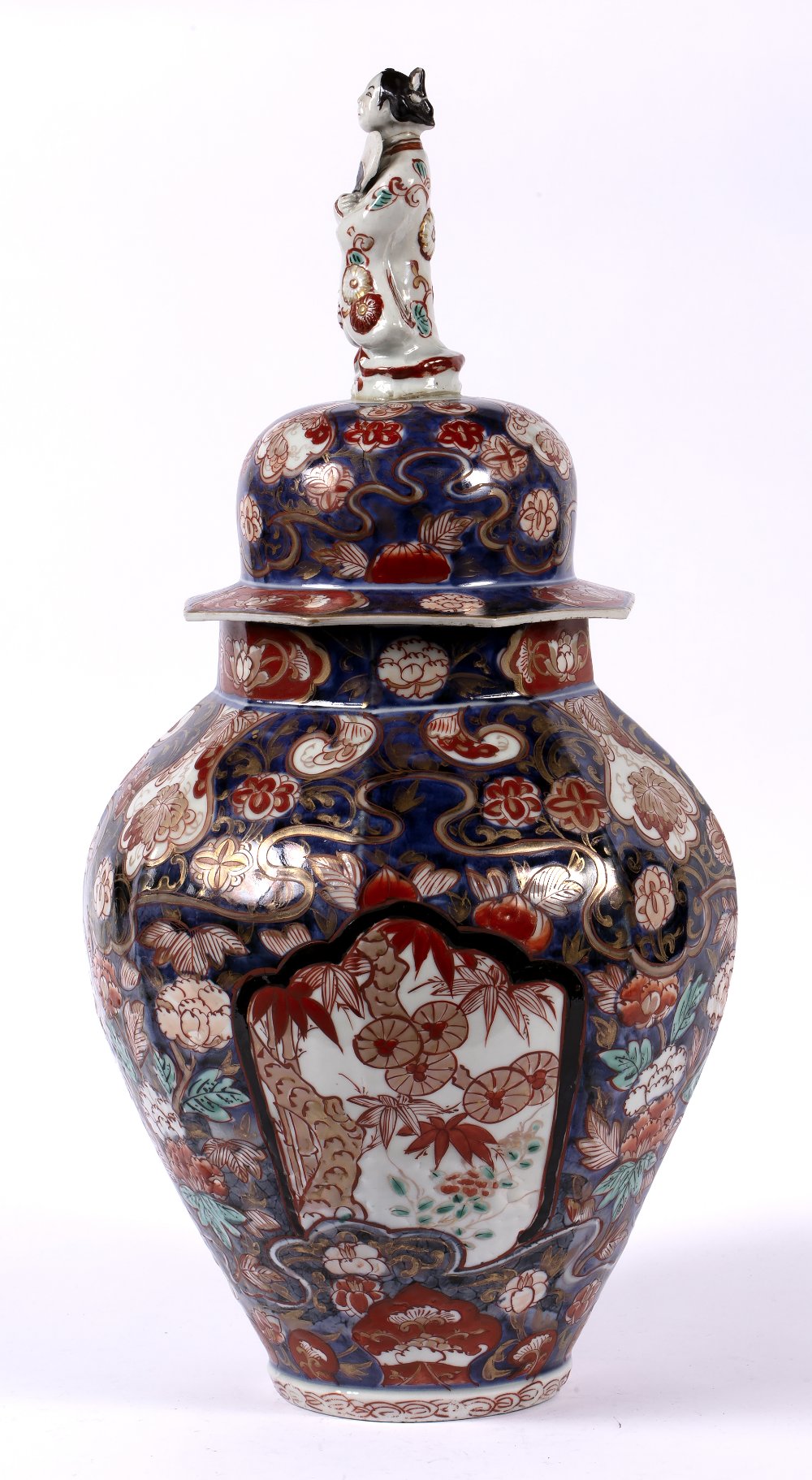 Imari vase and cover Japanese, 18th Century finial in the form of a figure holding a fan and with - Image 2 of 8