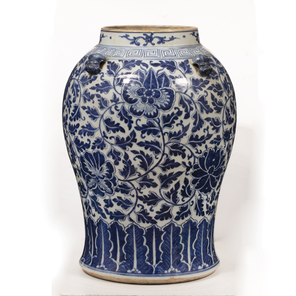 Blue and white vase Chinese, 19th Century decorated to the body in Indian lotus, with four lug - Image 4 of 6