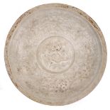 Qingbai dish Chinese, Song Dynasty with central relief moulded flower within a border of flying