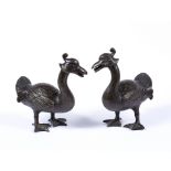 Bronze phoenix style water birds Japanese, Meiji period with crested head feather, ornamental