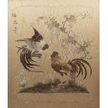 Silk and textile embroidery Chinese depicting fighting cockerels and wisteria, picture size 48cm x