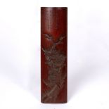 Bamboo brush rest Chinese, 19th Century carved with a mountainous gorge, temple, pine trees and