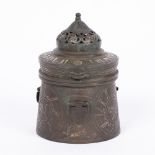 Bronze inkwell Khurasan/Seljuk revival with silver metal inlay of a griffin type creature and