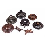 Group of carved pieces Chinese including four hardwood covers, two stands and two part stands carved