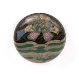 Small cloisonne box and cover Chinese depicting a fish swimming amongst waves, 6cm across.