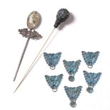 Group of Kingfisher jewellery Chinese comprising of six turquoise colour plaques with phoenix's to