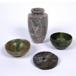 Marble specimen hardstone vase Chinese 16.5cm, two bowenite bowls, largest 11cm and a Chinese bi