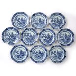 Group of ten blue and white export plates Chinese, 18th Century decorated with a central scene