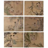 Collection of six silk paintings Japanese in the Chinese taste, 20th Century each depicting female