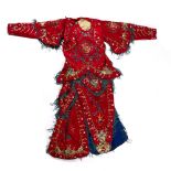 Silk embroidered theatre costume Chinese, circa 1920s of red ground with embroidered dragons.