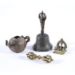 Four ritual items Tibetan, 19th Century comprising of a bronze ghanta with incised decoration to the