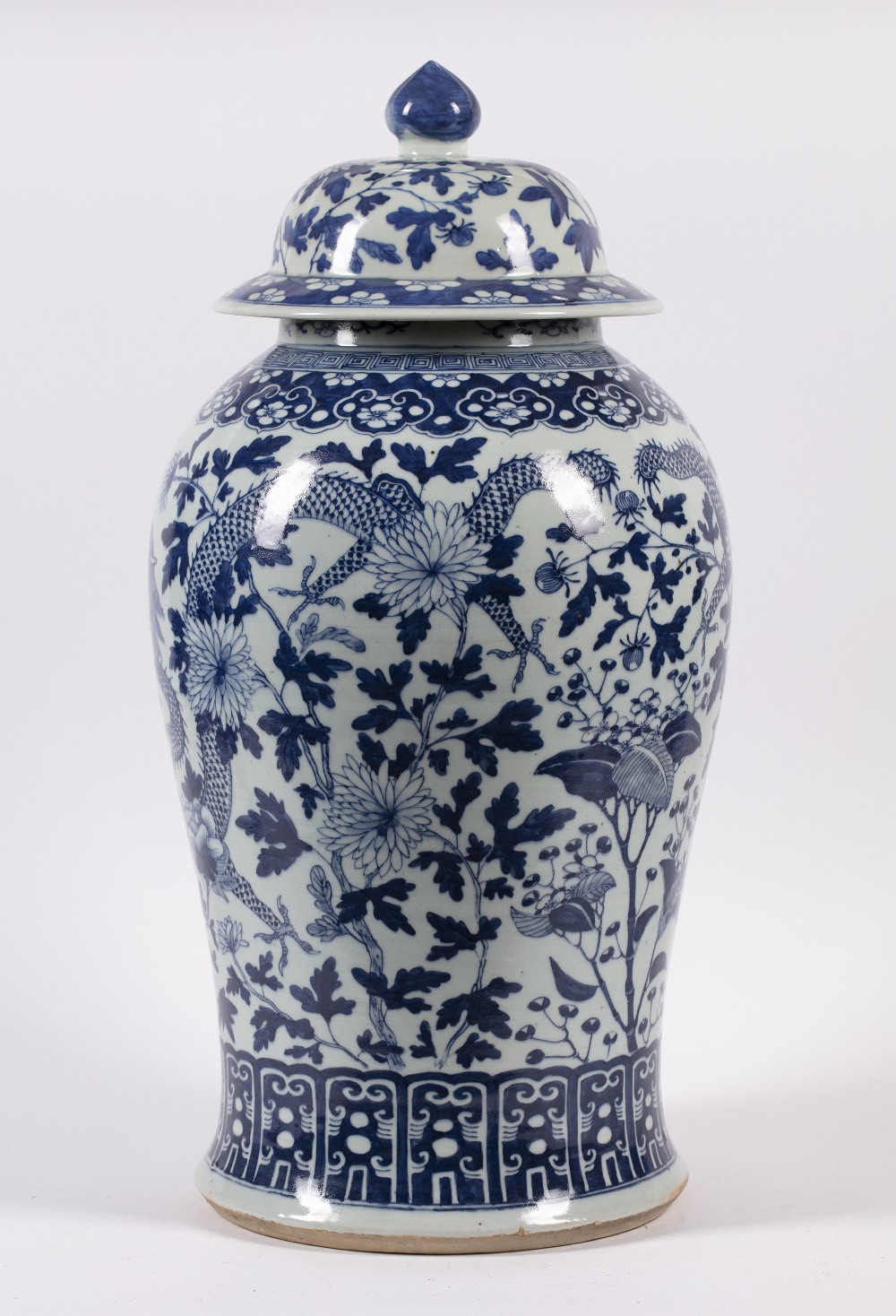 Blue and white baluster vase Chinese, 19th Century decorated to the body with dragons and leafy - Image 2 of 6