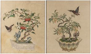 Pair of painted pictures on silk Chinese, 20th Century depicting fruiting plants from archaic