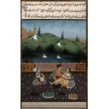 Small miniature Persian depicting a courting couple with an attendant by their side, with