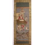 Scroll Japanese, Edo period painted with an Emperor signing a document with attendant and a Buddha