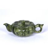 Mottled hardstone teapot Chinese with shaped petal sides and squat form, 6cm high x 17cm across