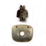 Archaic style jade plaque Chinese with a central hole and two further drilled holes to the top,