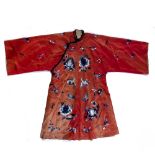 Orange silk embroidered coat Chinese, late 19th Century with butterfly and flower spray designs