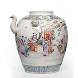 Famille rose ewer Chinese, 19th Century decorated to the body depicting figures and pavilion