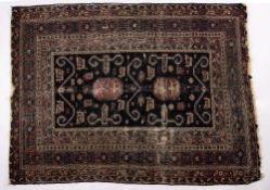 Shirvan blue ground rug Caucasian with stylised bird and other motifs, within a multiple border,