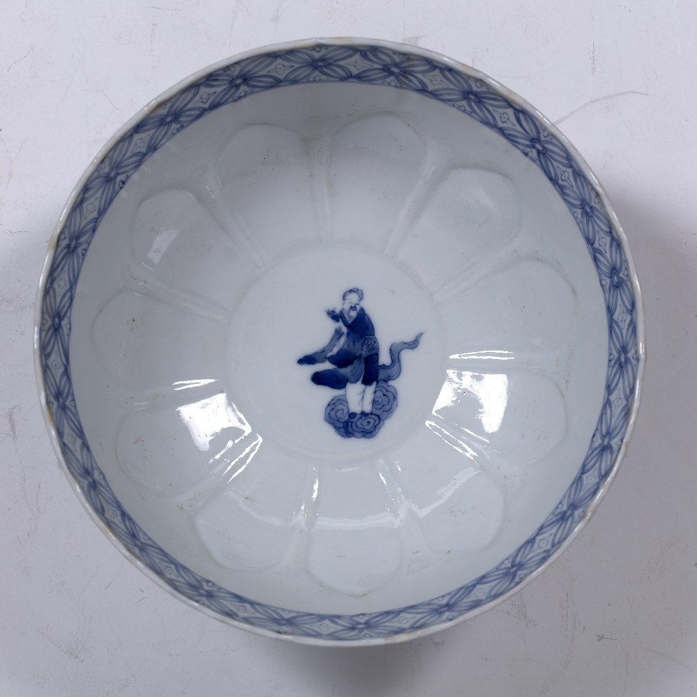 Blue and white porcelain bowl Chinese, Kangxi (1662-1722) of lotus moulded form, painted in panels - Image 5 of 5