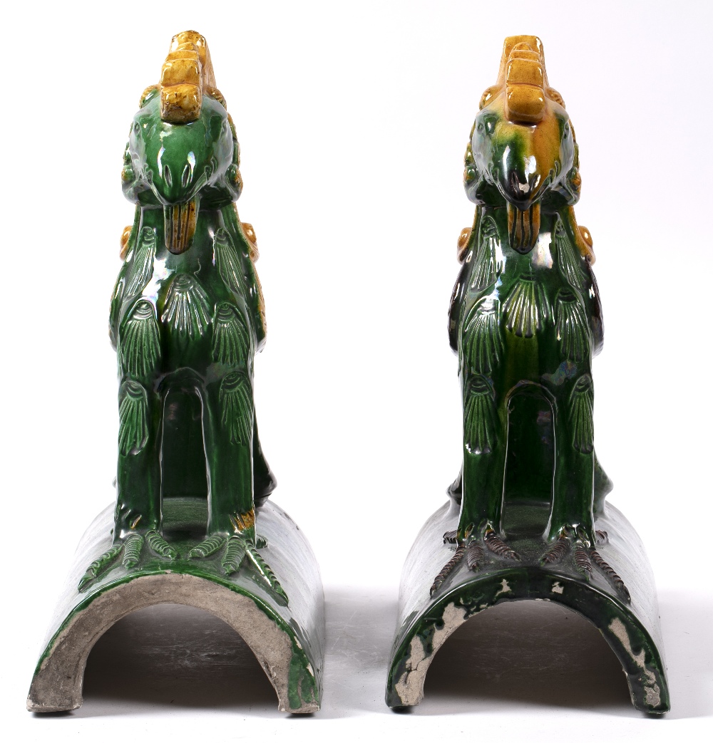 Pair of polychrome arched roof tiles Chinese, late 19th/early 20th Century each surmounted by - Image 5 of 7