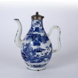 Blue and white porcelain wine pot Chinese, 19th Century painted with a river landscape and sailing