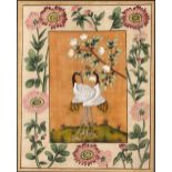 Watercolour of two whooping cranes Indian, 19th Century with a variety of different flowers, 47cm