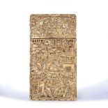 Canton ivory card case Chinese, 19th Century intricately carved with figures, temples and pine