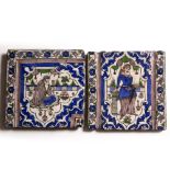 Two Qajar tiles 19th Century with blue background each depicting a man (2)