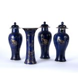 Garniture of blue vases Chinese, 18th Century to include three baluster vases and covers and one