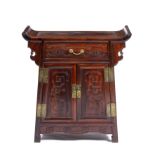Hongmu altar cabinet Chinese, 19th/20th Century carved with a scroll top, with a single long